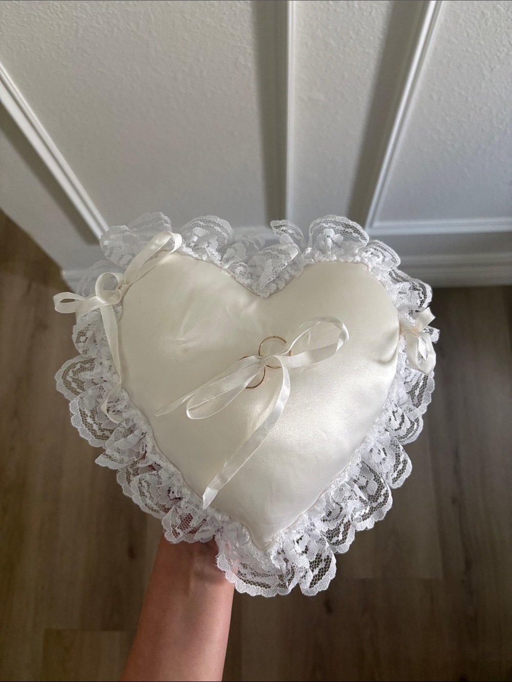 Heart-Shaped Satin Ring Bearer Pillow in Ivory with Lace